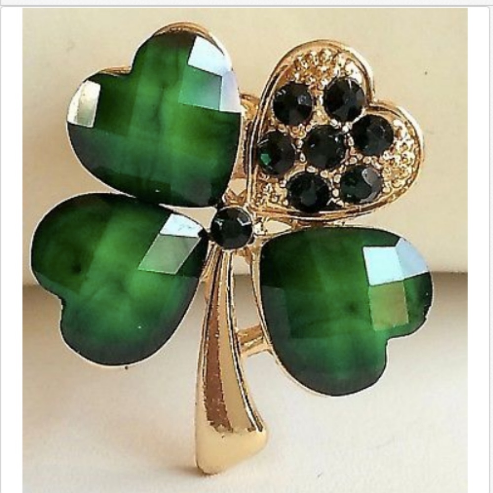 Green Shamrock Pin Brooch Crystal St. Patricks Day Irish Celtic Gold Plated